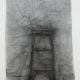 Charcoal rubbing of ladder, heavily embedding its image in paper that becomes reminiscent of crumbling stone as a result of the drawing process.