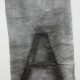Charcoal rubbing of ladder in profile, heavily embedding its image into paper that has become reminiscent of crumbling stone as a result of the drawing process.