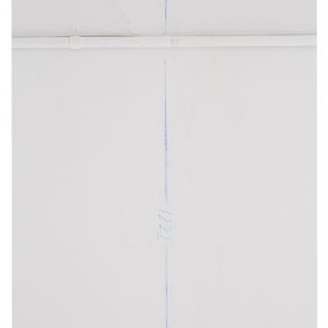 A cross is formed by the intersection of the white pipe running along the white wall and the thin blue chalk line notation. Pigment ink print on paper.