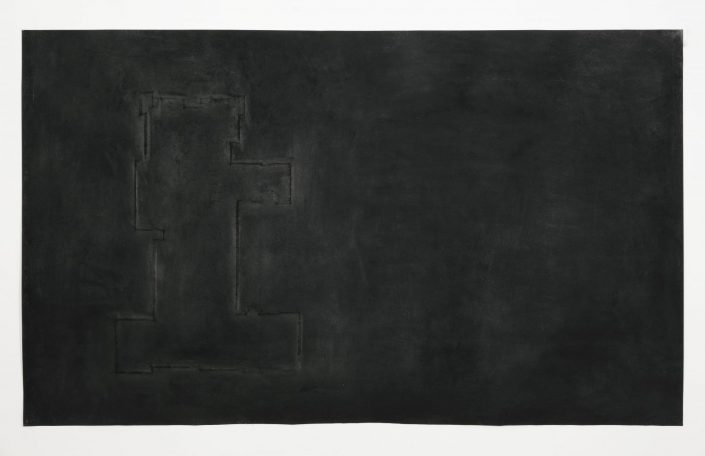 Drawing work of velvety black charcoal with imprinted burn-like marks indicating a boundary or perimeter.