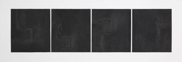 Four part drawing work of velvety black charcoal with imprinted burn-like marks indicating a boundary or perimeter.