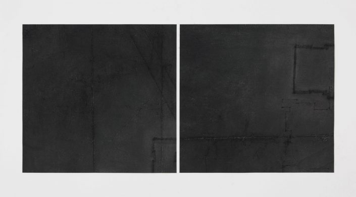 Diptych of velvety black charcoal with imprinted burn-like marks indicating a boundary or perimeter.