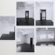 Five notated photocopies depicting various viewpoints within an architectural interior arranged in a partial grid.in a