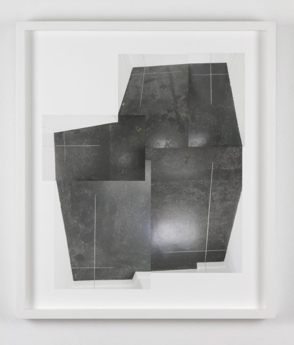 Photocollage from drawing installation in each corner of the room comprising layered, disrupted floor reflecting soft light from the unseen window. Framed pigment ink print on paper.